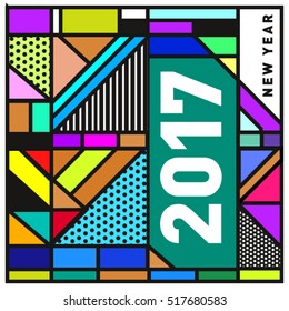 Happy New Year 2017 background. Calendar cover template. Colorful & Modern memphis style background. Greeting card vector illustration.