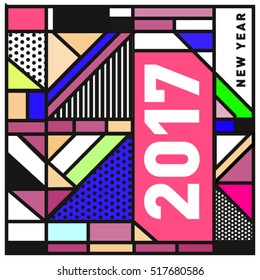Happy New Year 2017 background. Calendar cover template. Colorful & Modern memphis style background. Greeting card vector illustration.