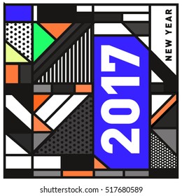 Happy New Year 2017 background. Calendar cover template. Colorful & Modern memphis style background. Greeting card vector illustration.