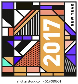 Happy New Year 2017 background. Calendar cover template. Colorful & Modern memphis style background. Greeting card vector illustration.