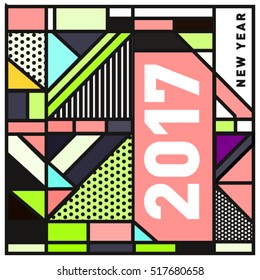 Happy New Year 2017 background. Calendar cover template. Colorful & Modern memphis style background. Greeting card vector illustration.