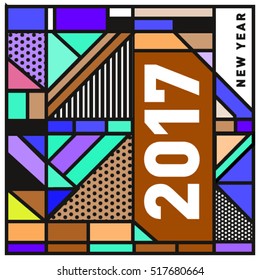 Happy New Year 2017 background. Calendar cover template. Colorful & Modern memphis style background. Greeting card vector illustration.