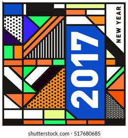 Happy New Year 2017 background. Calendar cover template. Colorful & Modern memphis style background. Greeting card vector illustration.