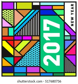 Happy New Year 2017 background. Calendar cover template. Colorful & Modern memphis style background. Greeting card vector illustration.