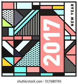 Happy New Year 2017 background. Calendar cover template. Colorful & Modern memphis style background. Greeting card vector illustration.