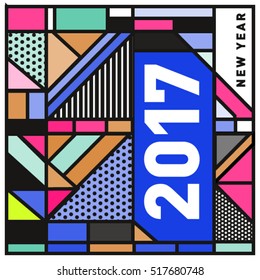 Happy New Year 2017 background. Calendar cover template. Colorful & Modern memphis style background. Greeting card vector illustration.