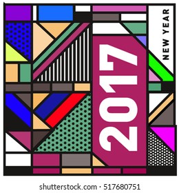 Happy New Year 2017 background. Calendar cover template. Colorful & Modern memphis style background. Greeting card vector illustration.