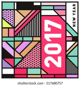 Happy New Year 2017 background. Calendar cover template. Colorful & Modern memphis style background. Greeting card vector illustration.