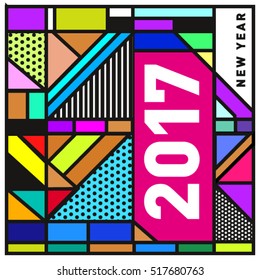 Happy New Year 2017 background. Calendar cover template. Colorful & Modern memphis style background. Greeting card vector illustration.