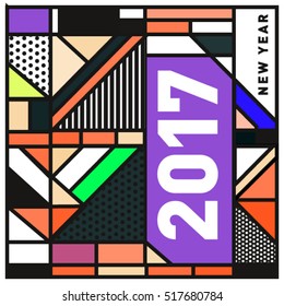 Happy New Year 2017 background. Calendar cover template. Colorful & Modern memphis style background. Greeting card vector illustration.