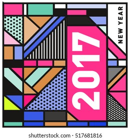 Happy New Year 2017 background. Calendar cover template. Colorful & Modern memphis style background. Greeting card vector illustration.