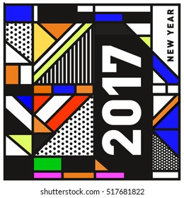 Happy New Year 2017 background. Calendar cover template. Colorful & Modern memphis style background. Greeting card vector illustration.