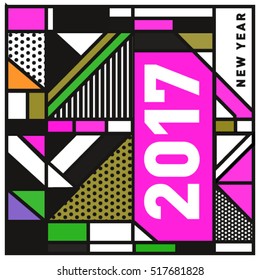 Happy New Year 2017 background. Calendar cover template. Colorful & Modern memphis style background. Greeting card vector illustration.