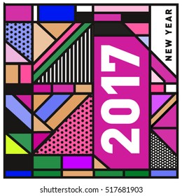 Happy New Year 2017 background. Calendar cover template. Colorful & Modern memphis style background. Greeting card vector illustration.