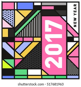 Happy New Year 2017 background. Calendar cover template. Colorful & Modern memphis style background. Greeting card vector illustration.