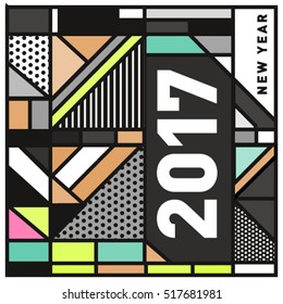 Happy New Year 2017 background. Calendar cover template. Colorful & Modern memphis style background. Greeting card vector illustration.