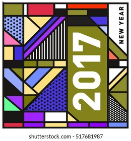 Happy New Year 2017 background. Calendar cover template. Colorful & Modern memphis style background. Greeting card vector illustration.