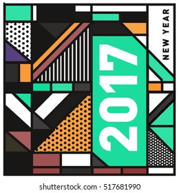 Happy New Year 2017 background. Calendar cover template. Colorful & Modern memphis style background. Greeting card vector illustration.