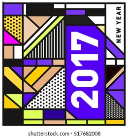 Happy New Year 2017 background. Calendar cover template. Colorful & Modern memphis style background. Greeting card vector illustration.