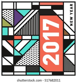 Happy New Year 2017 background. Calendar cover template. Colorful & Modern memphis style background. Greeting card vector illustration.