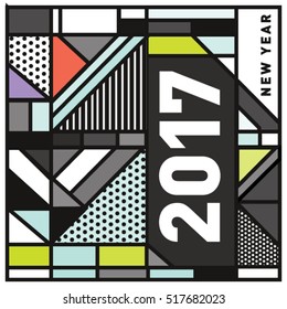 Happy New Year 2017 background. Calendar cover template. Colorful & Modern memphis style background. Greeting card vector illustration.