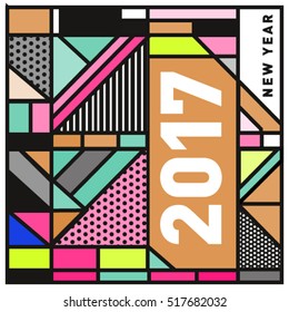 Happy New Year 2017 background. Calendar cover template. Colorful & Modern memphis style background. Greeting card vector illustration.