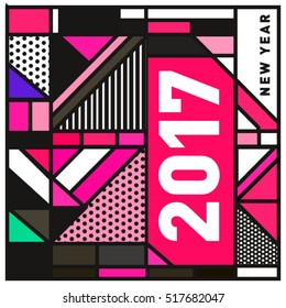 Happy New Year 2017 background. Calendar cover template. Colorful & Modern memphis style background. Greeting card vector illustration.