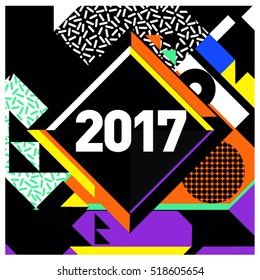 Happy New Year 2017 background. Calendar cover template. Colorful & Modern memphis style background. Greeting card vector illustration.
