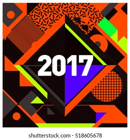 Happy New Year 2017 background. Calendar cover template. Colorful & Modern memphis style background. Greeting card vector illustration.