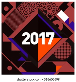 Happy New Year 2017 background. Calendar cover template. Colorful & Modern memphis style background. Greeting card vector illustration.