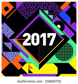 Happy New Year 2017 background. Calendar cover template. Colorful & Modern memphis style background. Greeting card vector illustration.