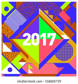 Happy New Year 2017 background. Calendar cover template. Colorful & Modern memphis style background. Greeting card vector illustration.