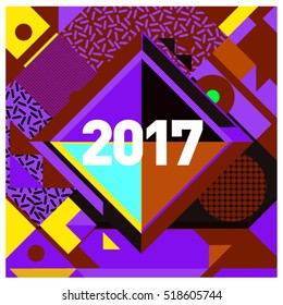 Happy New Year 2017 background. Calendar cover template. Colorful & Modern memphis style background. Greeting card vector illustration.