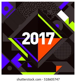 Happy New Year 2017 background. Calendar cover template. Colorful & Modern memphis style background. Greeting card vector illustration.