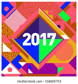 Happy New Year 2017 background. Calendar cover template. Colorful & Modern memphis style background. Greeting card vector illustration.