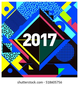 Happy New Year 2017 background. Calendar cover template. Colorful & Modern memphis style background. Greeting card vector illustration.