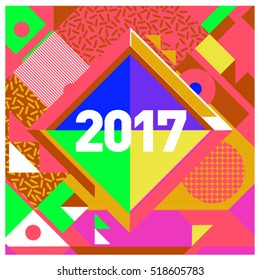Happy New Year 2017 background. Calendar cover template. Colorful & Modern memphis style background. Greeting card vector illustration.