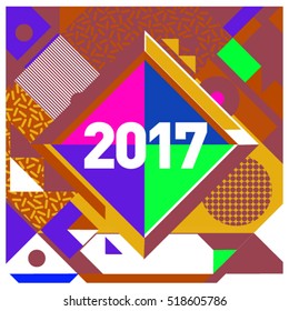 Happy New Year 2017 background. Calendar cover template. Colorful & Modern memphis style background. Greeting card vector illustration.