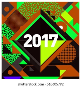 Happy New Year 2017 background. Calendar cover template. Colorful & Modern memphis style background. Greeting card vector illustration.