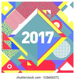 Happy New Year 2017 background. Calendar cover template. Colorful & Modern memphis style background. Greeting card vector illustration.