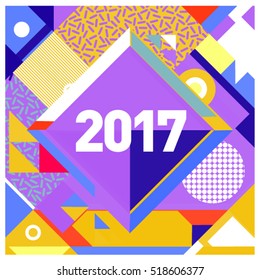 Happy New Year 2017 background. Calendar cover template. Colorful & Modern memphis style background. Greeting card vector illustration.
