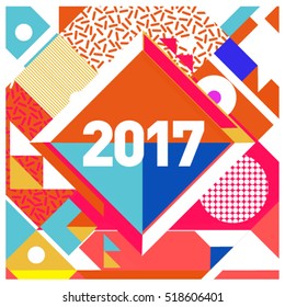 Happy New Year 2017 background. Calendar cover template. Colorful & Modern memphis style background. Greeting card vector illustration.