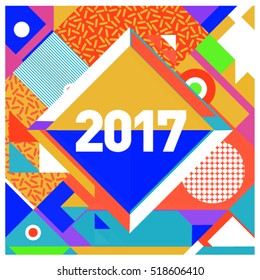 Happy New Year 2017 background. Calendar cover template. Colorful & Modern memphis style background. Greeting card vector illustration.