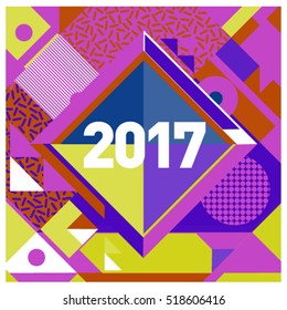 Happy New Year 2017 background. Calendar cover template. Colorful & Modern memphis style background. Greeting card vector illustration.