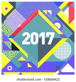 Happy New Year 2017 background. Calendar cover template. Colorful & Modern memphis style background. Greeting card vector illustration.