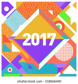 Happy New Year 2017 background. Calendar cover template. Colorful & Modern memphis style background. Greeting card vector illustration.