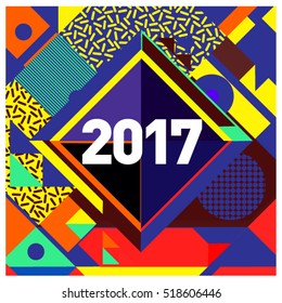 Happy New Year 2017 background. Calendar cover template. Colorful & Modern memphis style background. Greeting card vector illustration.