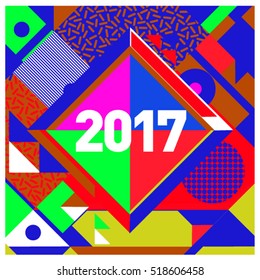 Happy New Year 2017 background. Calendar cover template. Colorful & Modern memphis style background. Greeting card vector illustration.