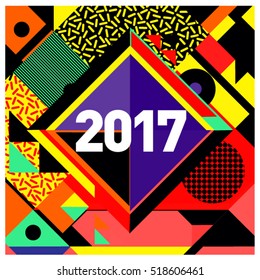 Happy New Year 2017 background. Calendar cover template. Colorful & Modern memphis style background. Greeting card vector illustration.
