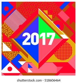 Happy New Year 2017 background. Calendar cover template. Colorful & Modern memphis style background. Greeting card vector illustration.